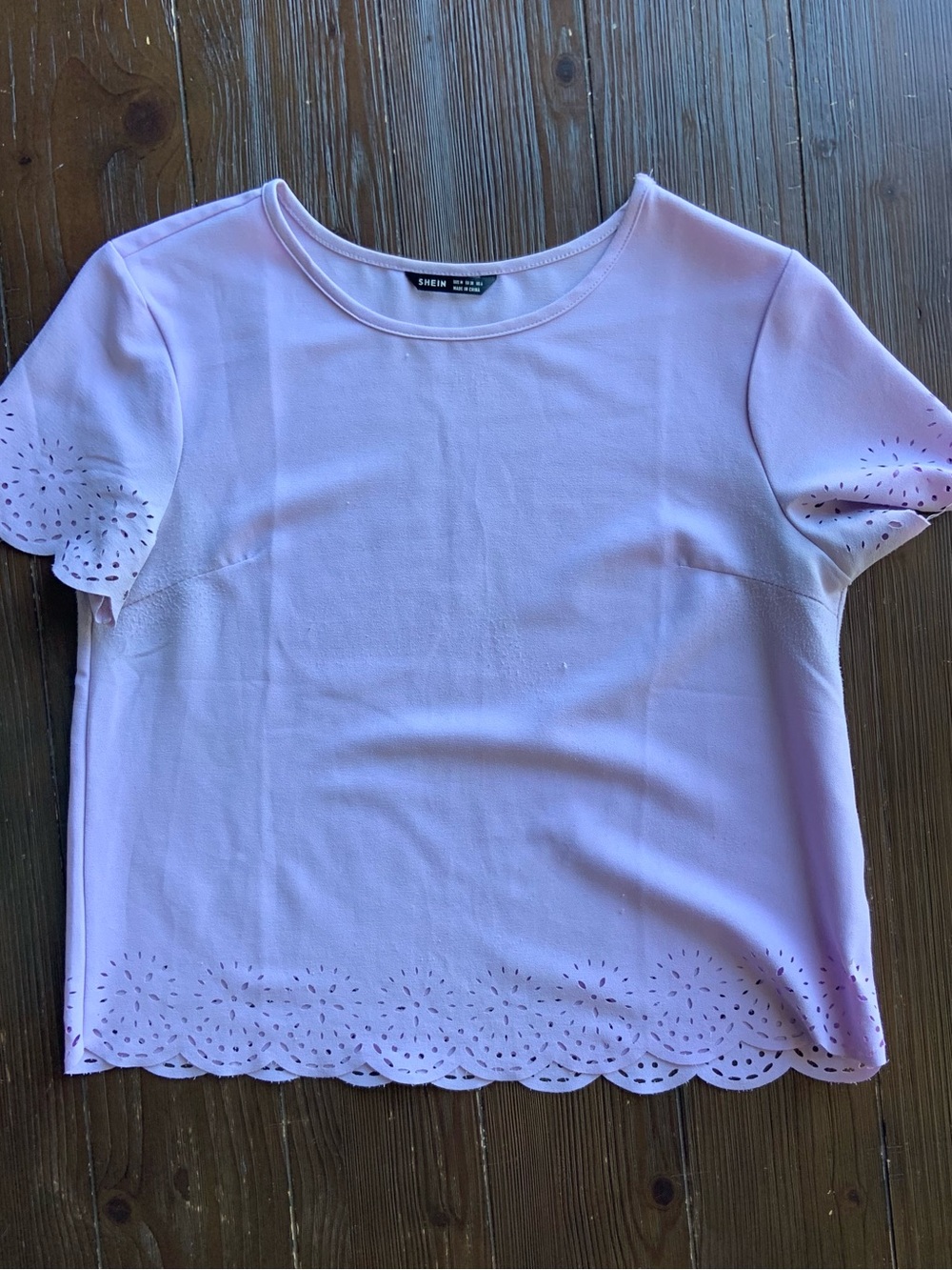 SHEIN Light Pink Laser-Cut Scalloped Short Sleeve Top